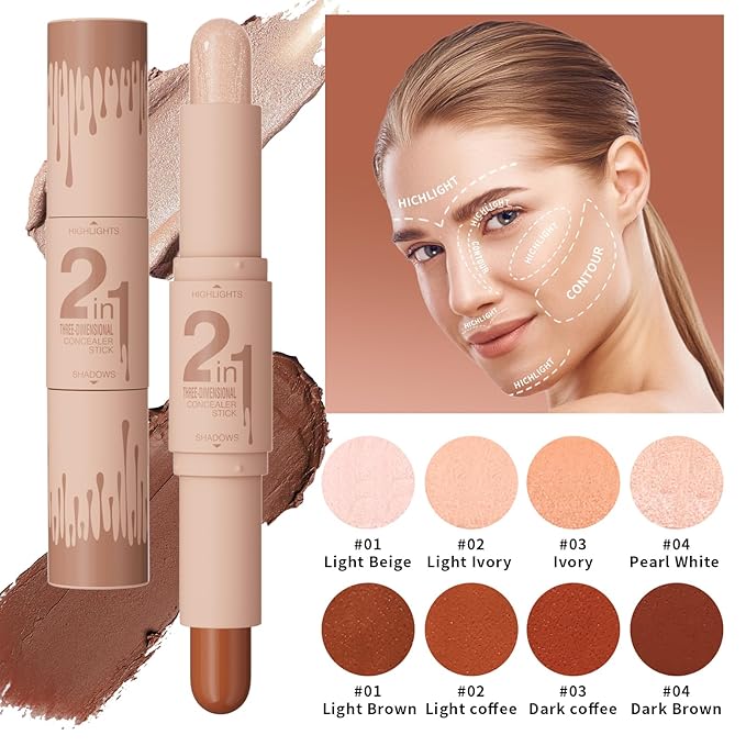 Dual-Ended Cream Contour Stick - Long-Lasting, Waterproof, Face Contour Makeup for All Skin Tones Highlighter Stick Easy to Blend, Achieve a Flawless Look (#01 Light Beige+Light Brown, A)