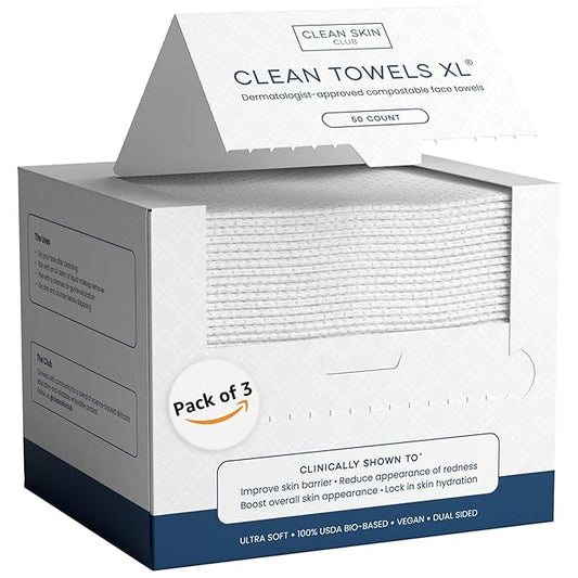 Clean Skin Club Clean Towels XLβ’οΈ, 100% USDA Biobased Face Towel, Disposable Face Towelette, Eczema Association Accepted, Makeup Remover Dry Wipes, Ultra Soft, 150 Ct, 3 Pack
