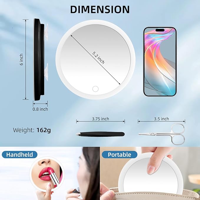 10X Magnifying Mirror with Lights, 10x Magnified Mirror with 3 Suction Cups, 3 Color Dimmable Lighted Makeup Magnification 6inch Travel 10X Magnification with Tweezers & Scissors