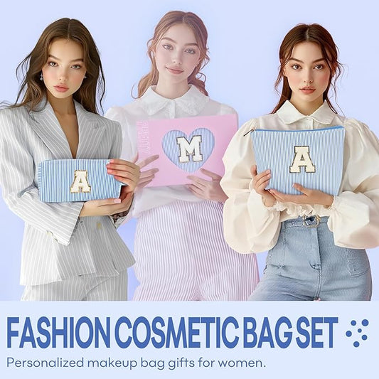 mibasies 2 PCS Initial Makeup Bags for Women: Cosmetic Bag for Travel Toiletry - Personalized Cute Makeup Pouch - Gifts for Grilfriend Wife Moms Bridesmaid - Retirement Travel Gifts - Blue E