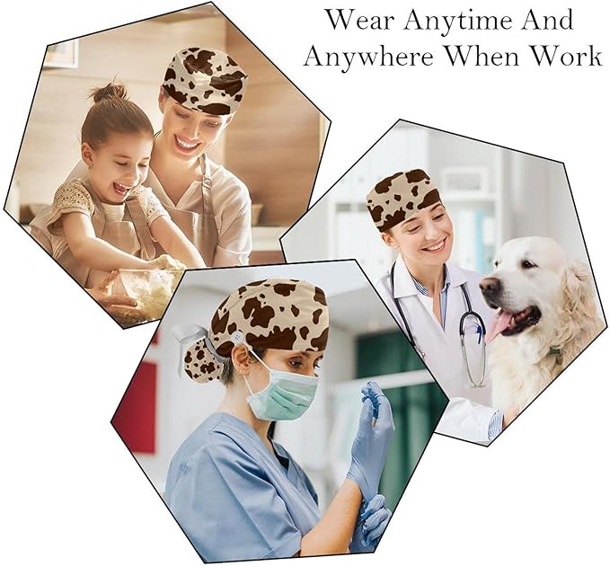2 PCS Bouffant Cap with Button Ponytail Pouch Working Cap Sweatband Adjustable Surgical Cap Black and White Cow