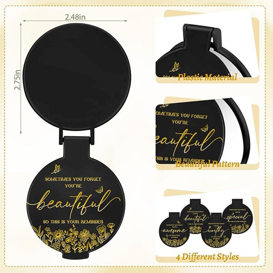 100 Pcs Inspirational Compact Mirror Bulk Small Pocket Mirror Purse Round Portable Folding Makeup Mirror Mini Compact Mirror Gifts for Women Coworker Employee Teacher(Black)