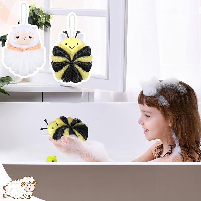 Nuenen 2 Pcs Bath Loofahs Kids Toddler Cute Cartoon Bath Sponges Loofah Pouf Body Scrubber Mesh Sponges for Children Shower Washing Exfoliating (Sheep, Bee)