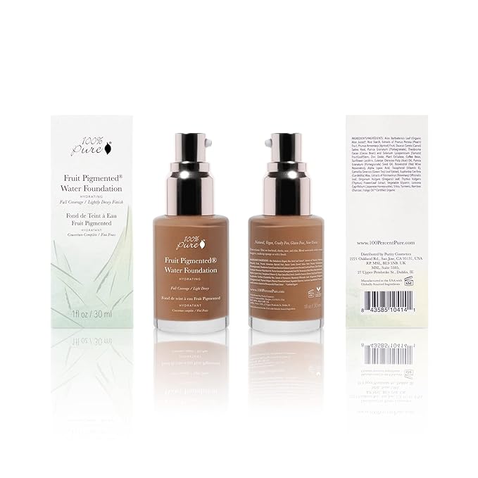 100% PURE Water Foundation Full Coverage Hydrating Makeup, Light Dewy Finish, Moisturizing Concealer for Normal to Dry Skin - Fruit Pigment Color Warm 7.0 w/Yellow Undertones for Dark Skin - 1 Fl Oz