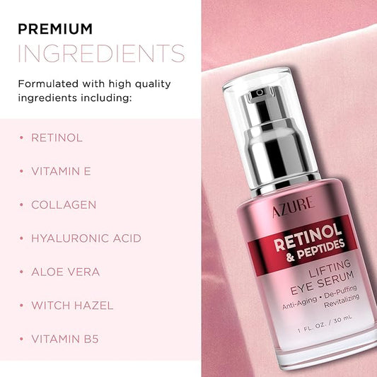 Azure Cosmetics Retinol & Peptides Lifting Eye Serum - Anti Aging, De-Puffing & Revitalizing Dark Circle Corrector - Reduces Wrinkles, Fine Lines & Under Eye Bags - Made in Korea - 30mL / 1 fl.oz.