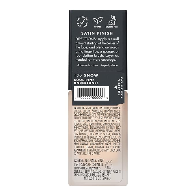 e.l.f. Flawless Satin Foundation, Lightweight & Medium Coverage, Semi-Matte Finish, Vegan & Cruelty-Free, Snow, 0.68 Fl Oz (20mL)