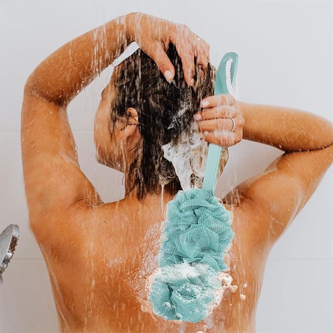 2-Piece Set of Back Brush Scrub Shower Scarves, Long Handled Shower Brushes, Shower Body Brushes with Shower Net Sponge Soft Mesh, Used for Exfoliating and Removing Dead Skin (Green and Beige)