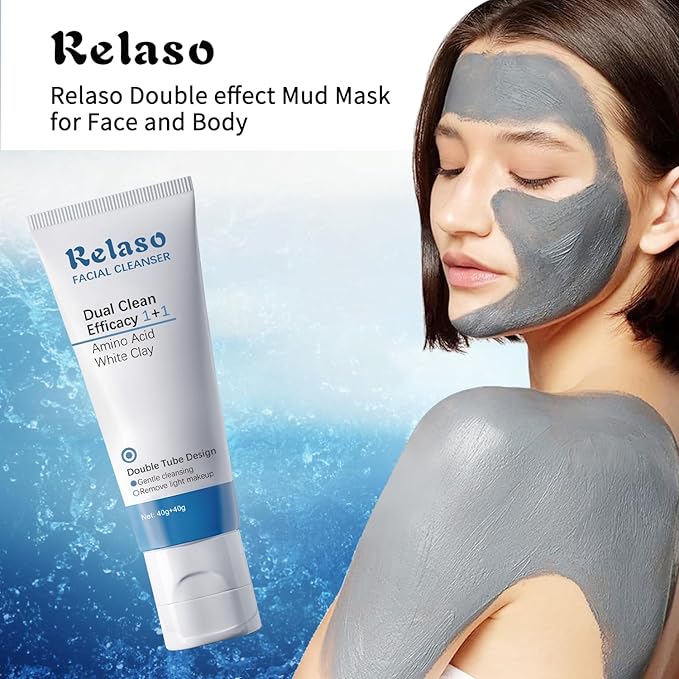 Clay Mask, Double effect Mud Mask for Face and Body, Spa Quality Pore Reducer for Acne, Blackheads & Oily Skin Deep Clean for All Skin Type,Natural Vegan Skincare,Tightens Skin & Exfoliate.