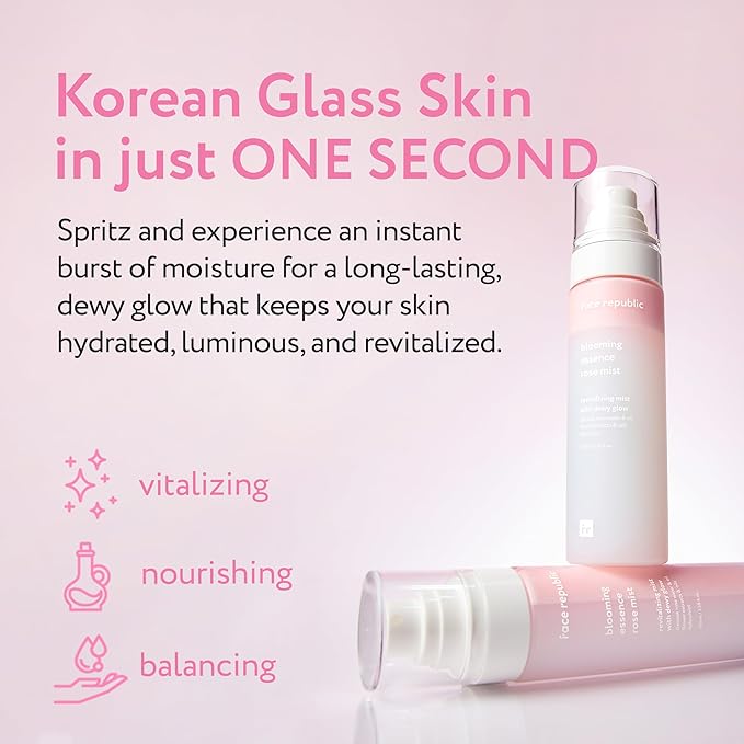 Face Republic Blooming Essence Rose Mist 100ml 3.38 fl oz | Instant Glass Skin | All In One Mist | Revitalizing, Nourishing, Deep Hydration, Dewy Glow | Damask Rose, Bakuchiol | Vegan Korean Skin Care