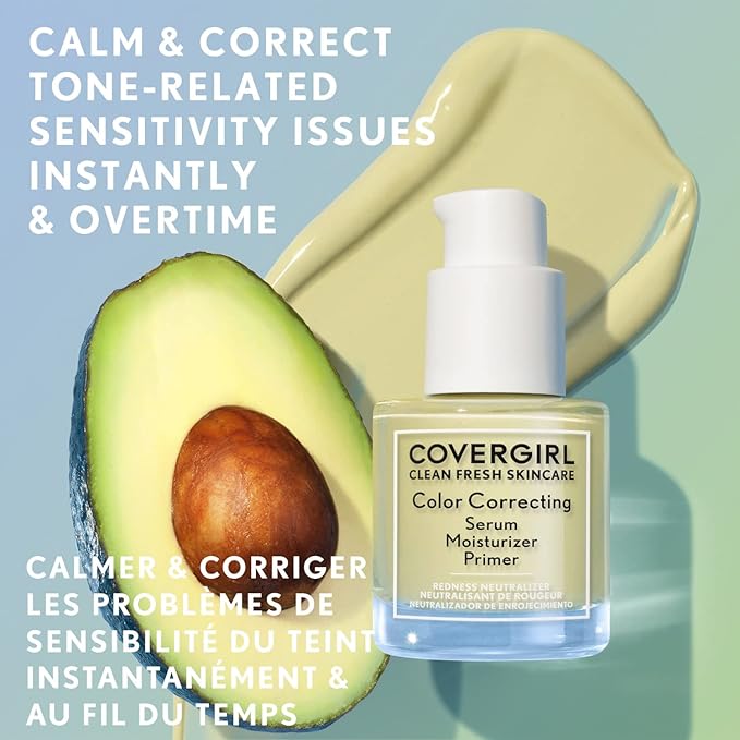 COVERGIRL Clean Fresh Skincare Color Correcting Serum Moisturizer Primer, Redness Neutralizer, For Fair Skin Tones