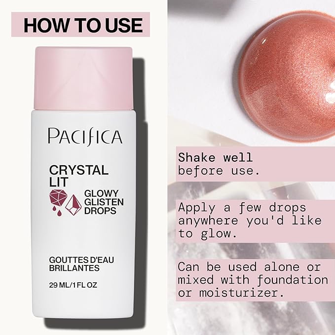 Pacifica Crystal Lit Glowy Glisten Drops β Face Makeup - Shimmery Multi-Use Liquid Blush/Highlighter for Radiant, Dewy Cheeks Luminous Glow Clean Beauty Vegan & Cruelty-Free Dermatologist Tested