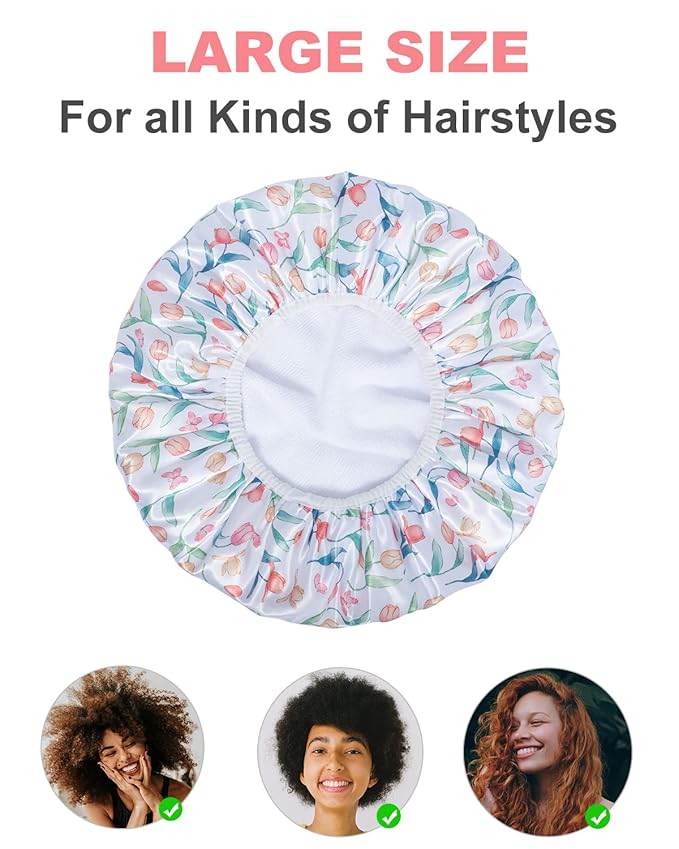 Shower Cap, Terry lined Reusable shower caps, Large Shower Cap for Women, Waterproof Hair cap Triple Layer Shower Caps for Long Thick Hair