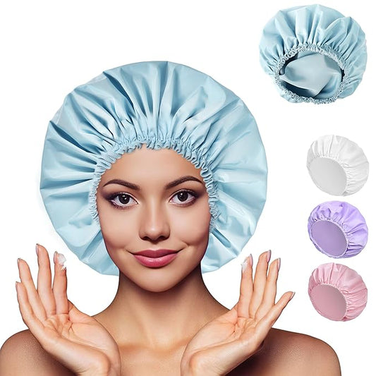 Shower Cap for Women Set of 4, 1 Double-Layer Waterproof Bath Cap + 3 Single-Layer Waterproof Shower Caps β Reusable Hair Protector, TPU Coated Elastic Bathing Cap for Women & Men - Blue