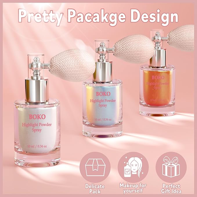 Boko Highlighter Powder Spray, Cosmetic Body Shimmer Spray High Gloss Diamond Highlight Glitter Powder Makeup Sparkle Glitter Hairspray Christmas Rave Accessories for Women Face Paint Hair Clothes