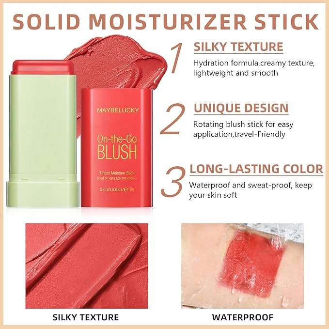 Cream Blush Stick for Cheeks, Multi-Use Makeup for Eye, Lip, Face - Travel-Friendly Tinted Solid Moisturizer, Matte Natural Glow Blendable Smooth Blusher With Brush - Orange Coral