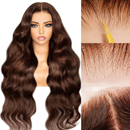 26inch Brown Glueless Wigs Human Hair Wear And Go Brown Wig Human Hair Pre Plucked Pre Cut 200% Density 7x5 HD Closure Chocolate Brown Lace Front Wig #4 Colored Body Wave Wig
