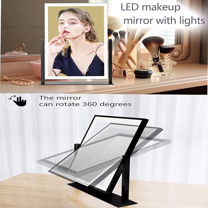 Vanity Mirror with Lights for Make up Desk,12.7 x 11.8 Black,3 Color Modes,Dimmable Adjustable Brightness Smart Touch Screen Switch,360Β° Rotation,LED Mirror Makeup Small Vanity Lighted Mirror