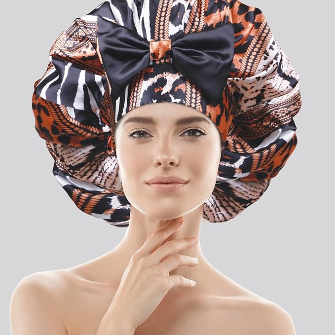 DONNA Jumbo Bow Ribbon Bonnet 1pc Satin Bonnet for Sleeping Removable Reversible Bow Ribbon for Women with Curly Hair, Crochet Hairstyles Silk Hair Accessories Shower Cap Multi Animal Pattern