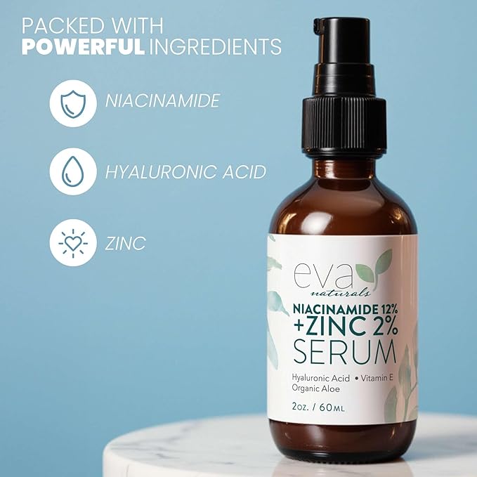 Eva Naturals Niacinamide 12% + Zinc Serum for Face β Dark Spot Remover, Pore Minimizer, Redness Relief, Hydrating Vitamin B3 with Botanical Hyaluronic Acid, Anti-Aging Facial Serum for Clear Skin