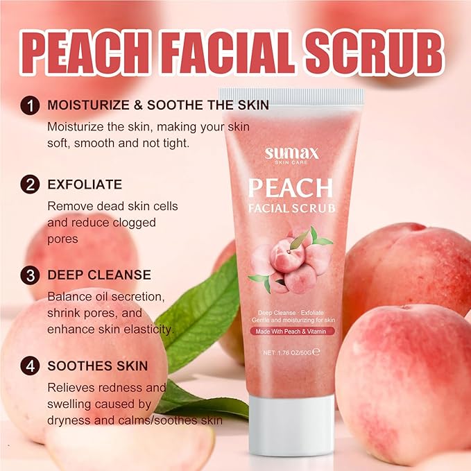 Peach Facial Scrub,Exfoliating Body Scrub,Hydrating and Gentle Smoothing Scrub for Body & Face,Remove Dull, Dead Skin, Minimize Pores, Essential Skin Care - 1.76 OZ