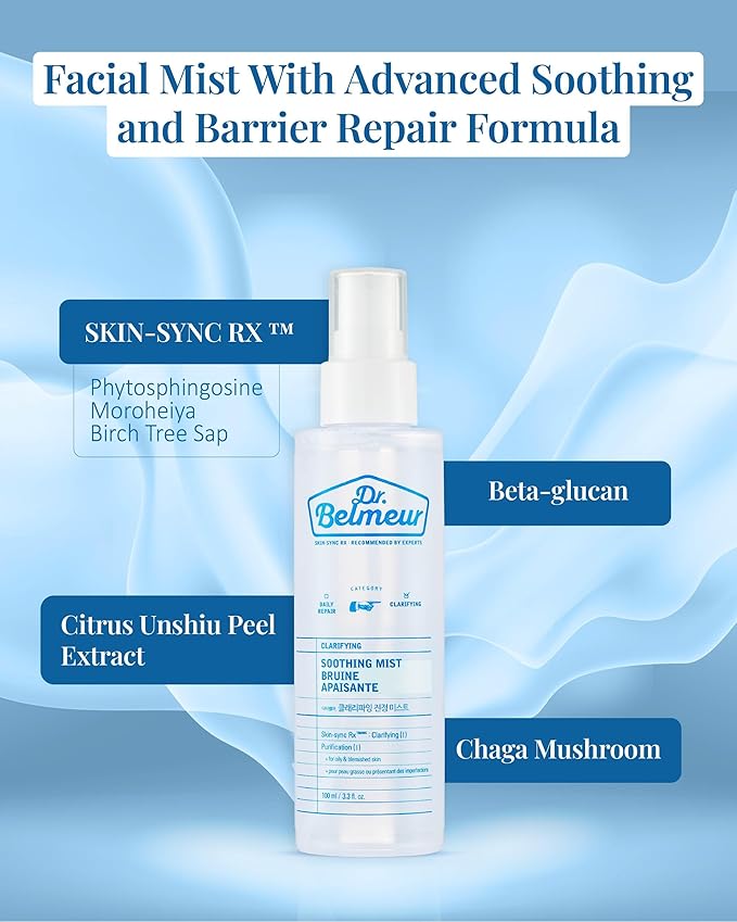 Clarifying Soothing Mist (3.4fl oz) - Gentle, Hypoallergenic for Hydration, Soothing. Korean Skin Care. Beta-Glucan, Chaga Mushroom.