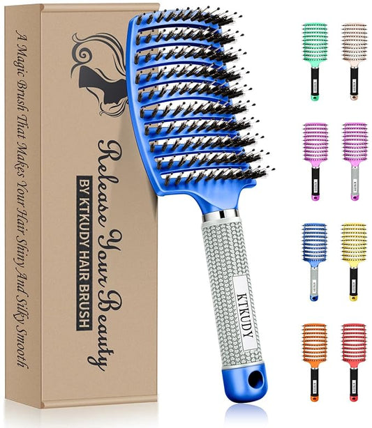 KTKUDY Detangling Brush Boar Bristles Hairbrush Make Hair Shiny & Healthier Curved and Vented Detangler Brush for Women Men Kids Wet and Dry Hair (Blue)