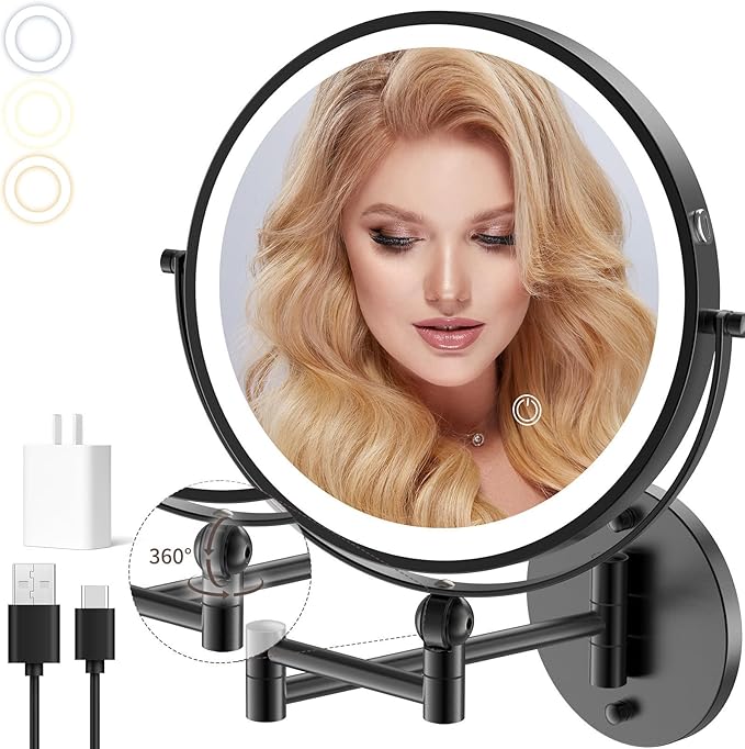 9" Wall Mounted Makeup Mirror with Lights, 4000mAh Rechargeable 1X/10X Wall Mounted Magnifying Mirror for Bathroom, 3 Color Lighting,Touch Screen Dimming,Extended Arm 360 Rotation Wall Mount Mirror B