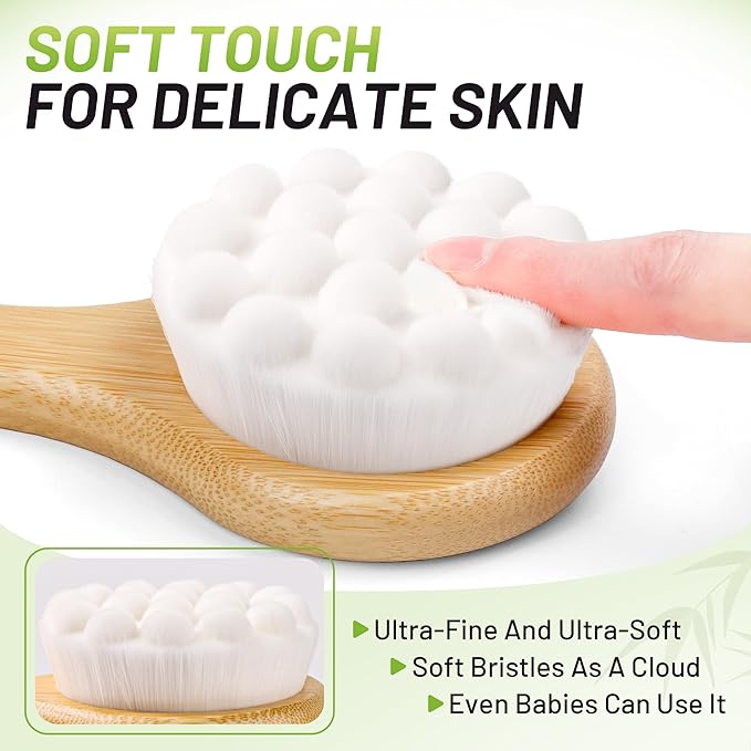 Back Scrubber for Shower 17.32'', Soft Bristles Bamboo Shower Brush for Men Women, Long Curved Handle Bath Brush for Exfoliating, Smooth Skin & Back Scrubbing Gift for Older