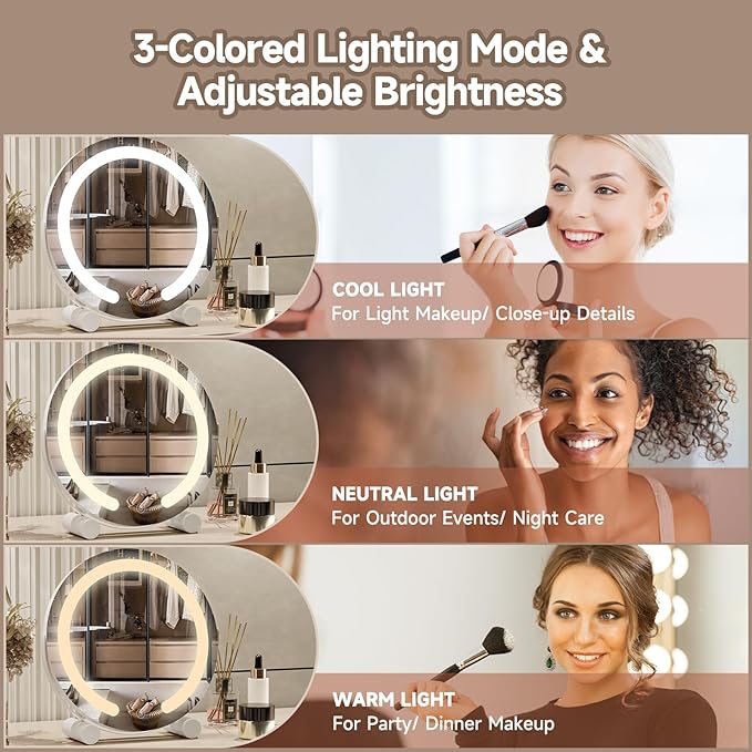 PRIMETEK Vanity Mirror with Lights, 13 inch LED Lighted Makeup Mirror, Round Makeup Mirror with Lights, Touch Screen, 3-Color Lighting, 5X Magnification, for Vanity Desk Tabletop, Bedroom, White