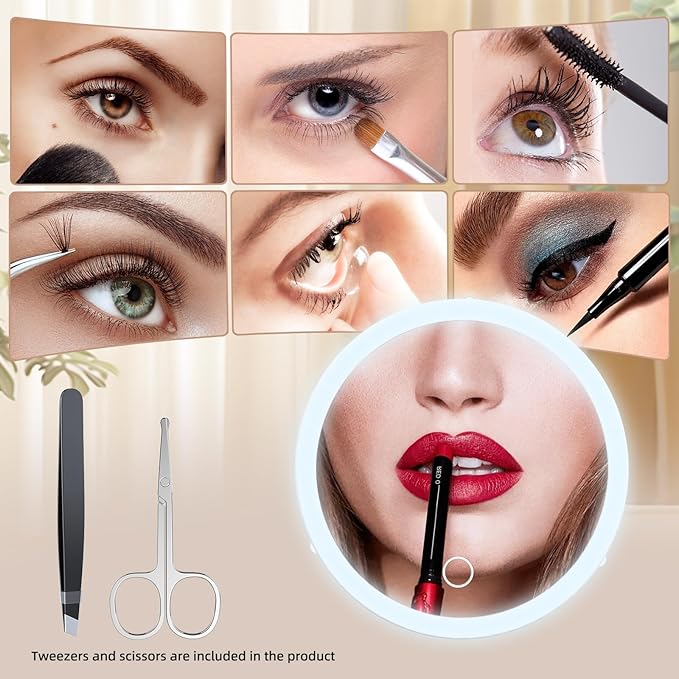 Lighted 20X Magnifying Mirror, Makeup 20X Magnification with Suction Cups, Ring Handheld Magnified Mirror with 3 Color Dimming Rechargeable 5inch Travel Magnification with Tweezers & Scissors Set
