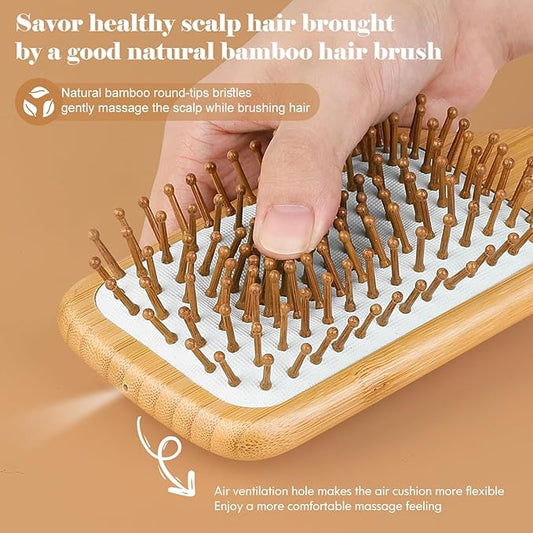 Hair Brush-Natural Wooden Bamboo Brush and Detangle Tail Comb, Paddle Hairbrush for Women Men and Kids Make Thin Long Curly Hair Health and Massage Scalp