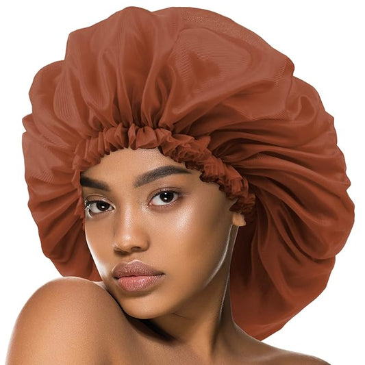 Argan & Black Castor Treatment Caps Satin Sleep Cap Bonnet Hair Accessories Shower Caps for Women Reusable Waterproof Super Jumbo (BROWN)
