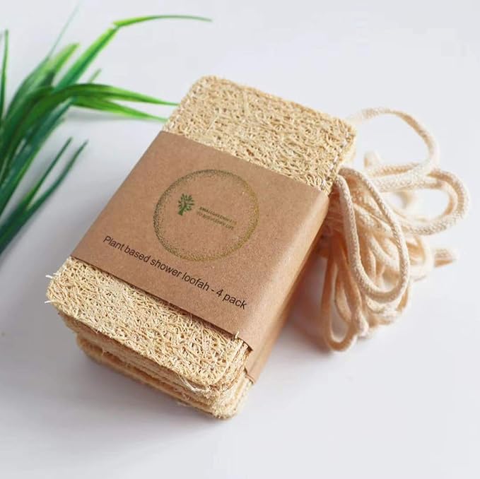 Natural Plant Based Shower loofah , bio degradable, exfoliating , eco Friendly - 4 Pack Set, Beige, 4 Count (Pack of 1)