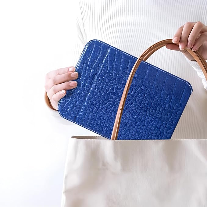 Blue Foldable Desk Mirror, 5.3×6.9” Adjustable Angle Rounded Rectangle PU Edge Covering Travel Mirror with Stand (MBlue)