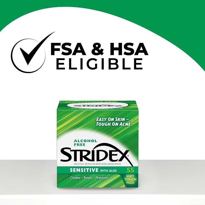 Stridex Medicated Acne Pads, Sensitive, 55 Count β Facial Cleansing Wipes, Alcohol Free Face Treatment, For Mild to Moderate, Smooth Application