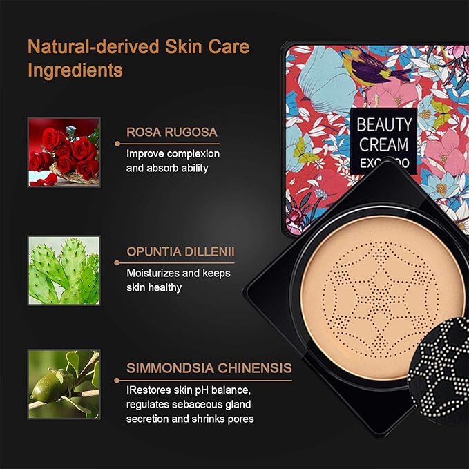 NUIBO 2 Pack Mushroom Head Air Cushion CC Cream Foundation, Moisturizing BB Cream, Long Lasting Matte Concealer with 2PCS Mushroom Head Sponges (Natural)β¦