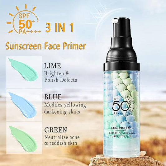 3 In 1 Makeup Primer for Face,SPF 50,Primer for Face Before Makeup,One Step Color Corrector,Sunscreen Makeup Primer,Isolation Cream,Skin Tone Even,Summer Oil Control Moisturizing Makeup Base