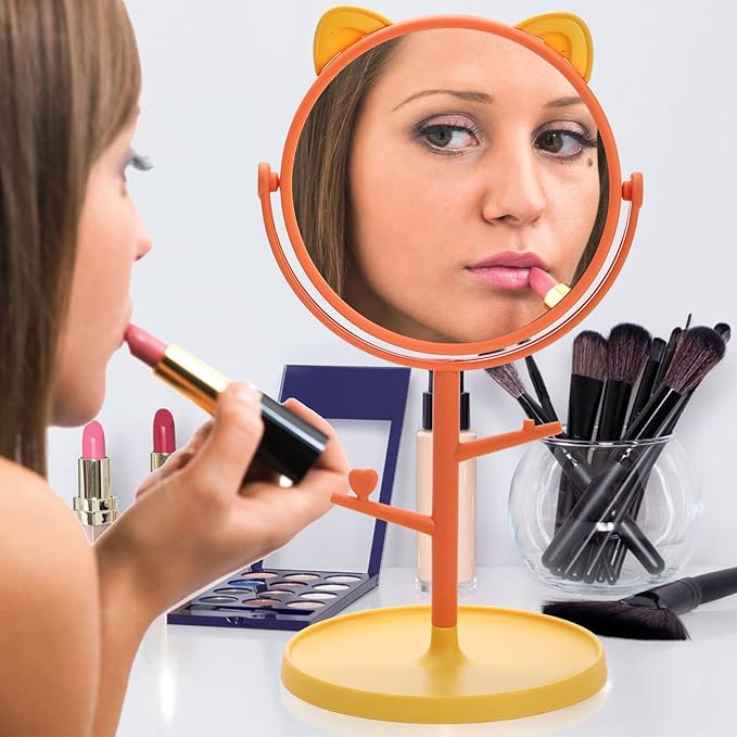 4 Pack Cute Desk Mirrors, Rotatable Makeup Mirror in Cat Ears, 6 Inch Vanity Mirror with Storage Tray, High Definition Cosmetic Mirrors, Tabletop Dresser Mirror with Stand for Bedroom Spa Party