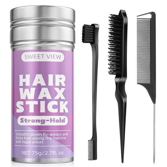 Hair Wax Stick & Slick Back Hair Brush for Tame Flyaways, Frizz, Sleek Ponytail, Buns | Pomade/Balm/Gel Stick for Woman, Styling Accessories for Girls, Kids