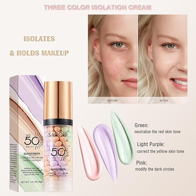 One Step Color Corrector, 3 In 1 Primer for Face Before Makeup, SPF 50 Face Sunscreen Isolation Cream, Moisturizing and Oil Control Daily Makeup Primer for Dark Circles Even Skin Tone