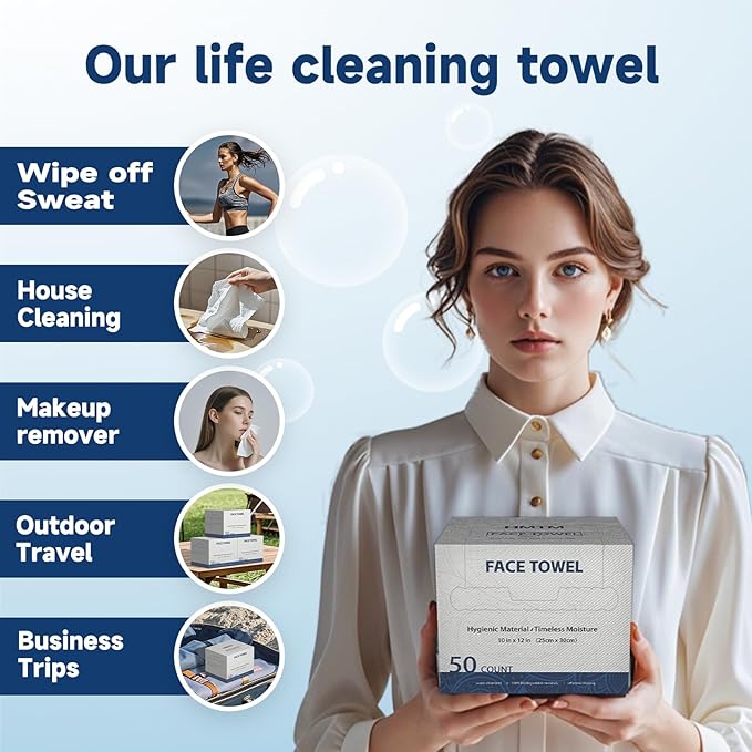 Face Towels, 10” x 12”, Extra Thick Soft and Absorbent, Face Towelettes Disposable Biodegradable for Sensitive Skin, Disposable Face Towels for Makeup Remover, Cleansing, 50 Count(1 Pack)