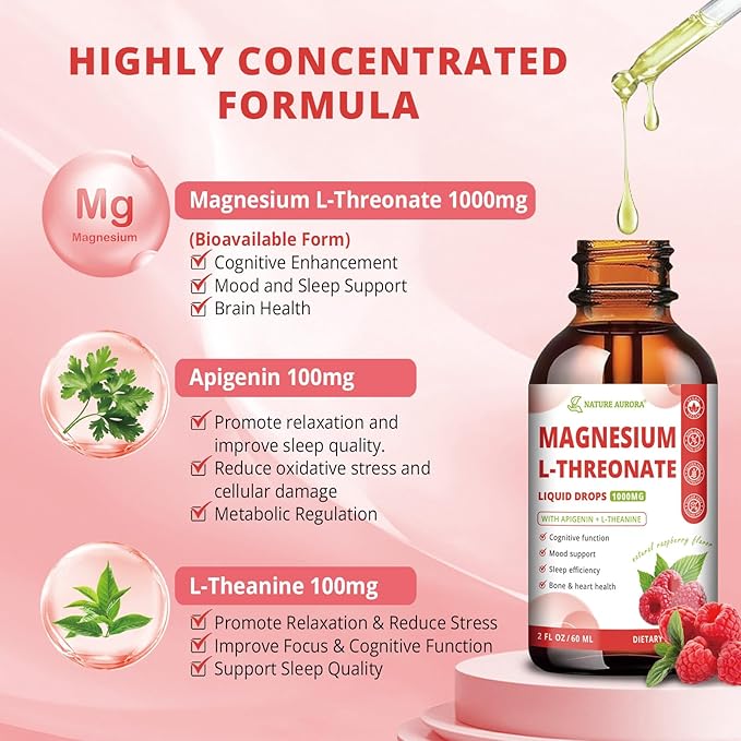 Magnesium L-Threonate Liquid Drops with Apigenin & L-Theanine, High Absorption Magnesium Threonate Supplement for Sleep, Brain Health and Cognitive Function, Raspberry Flavor, 60ML