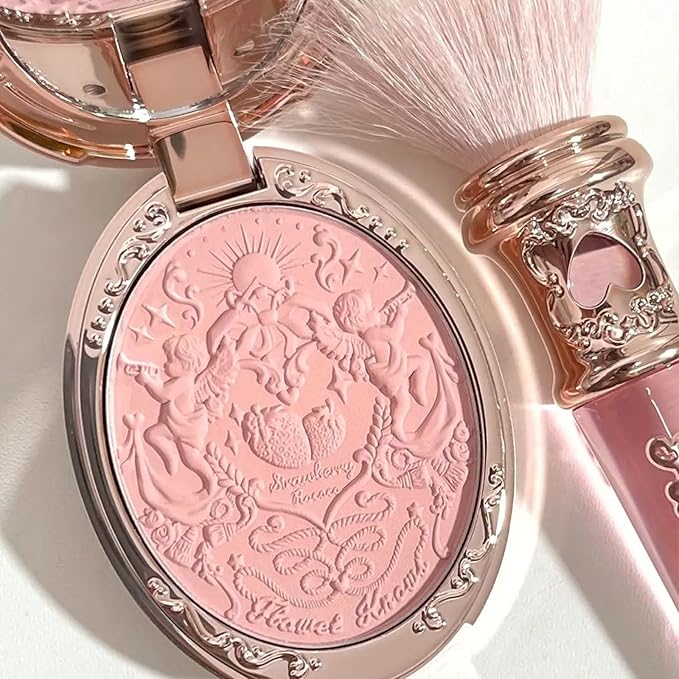 Flower Knows Strawberry Rococo Embossed Blush;Peach Matte Finish;Buildable & Blendable Powder Blush for cheeks,Natural Flush for All Skin Tones(01 Angel Chanson,5g)