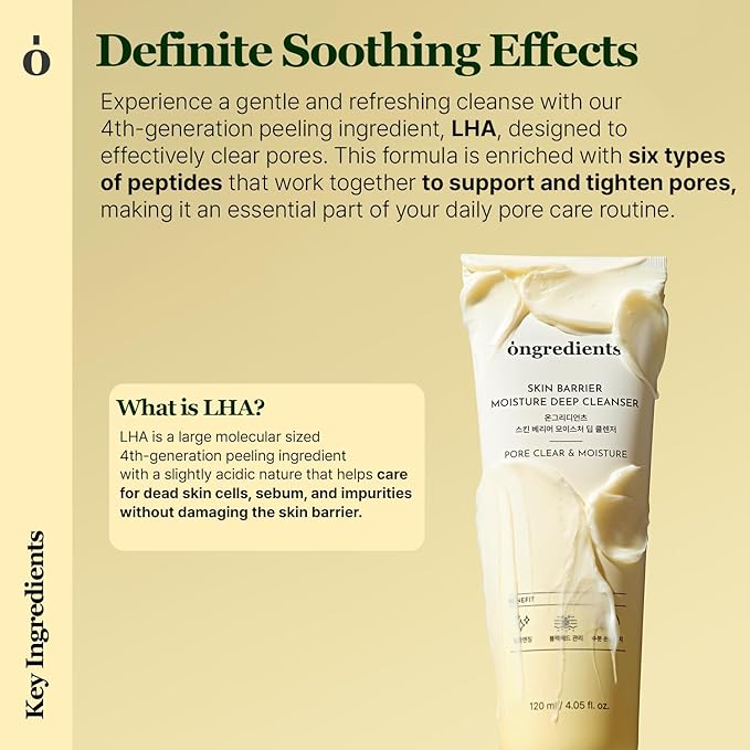 ONGREDIENTS Skin Barrier Moisture Deep Cleanser | Daily Face Wash for All Types | Centella, Peptide, AHA, LHA, Hydrating, Soothing, Pore Tightening | Vegan, Korean Skin Care 4.06 fl Oz