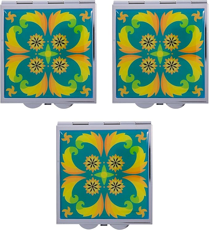 Stephanie Imports Set of 3 Double Sided Magnifying Compact Slim Mirrors with Printed Insert (Square - Psychedelic Turquoise)