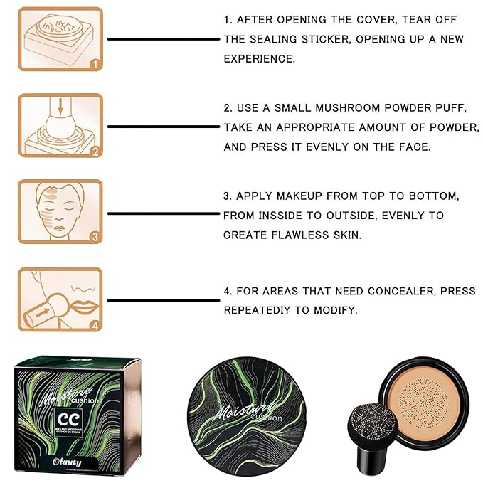 Mushroom Head Air Cushion CC Cream Foundation, BB Cream Concealer Lasting Makeup Foundation, Waterproof Oil Control Long-Lasting Nude Makeup, Even Skin Tone Primer