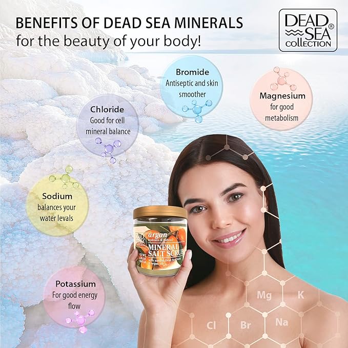 Dead Sea Collection Argan Salt Scrub β Exfoliating Body Scrub for Women β Moisturizing and Nourishing Skin β with Pure Oils and Dead Sea Minerals (23.28 Oz)