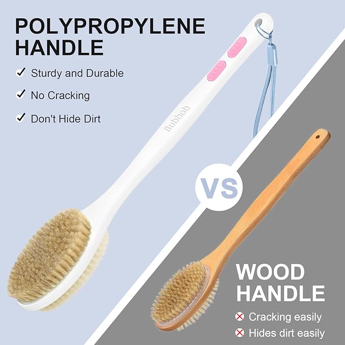 Back Scrubber, Back Scrubber for Shower, Bath Brush Long Handle for Shower with Double Sided Bristles for Wet or Dry Brushing (Pink)