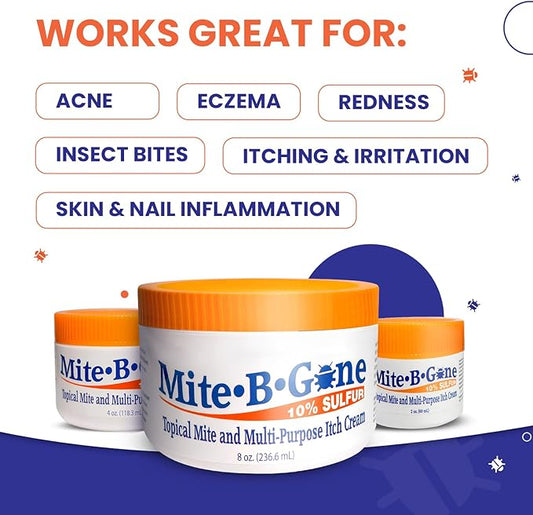 Mite Cream & Bite Relief - 10% Natural Blend Sulfur Cream for Multi-Purpose Bites, Redness, Itching, & Irritation | Safe for Kids and Adults | Fast & Effective for All Skin Types| 2oz