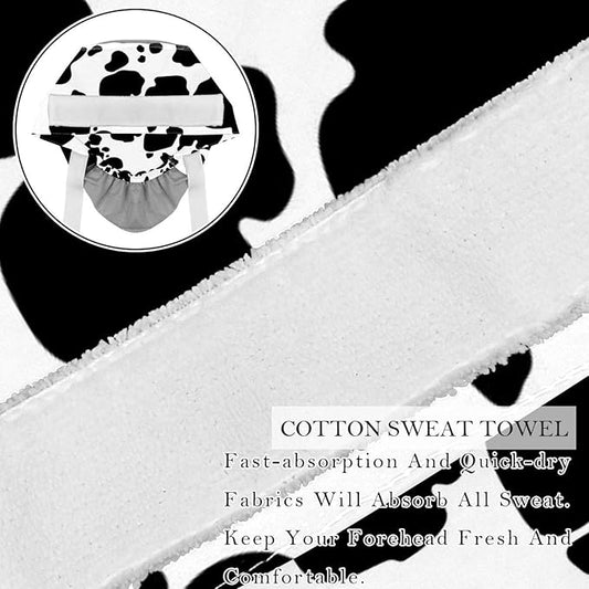 2 PCS Bouffant Cap with Button Ponytail Pouch Working Cap Sweatband Adjustable Surgical Cap Black and White Cow